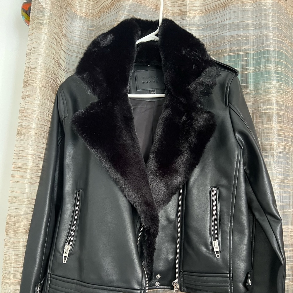 New Blank NYC Black Leather Moto Jacket with Removable Fur Collar